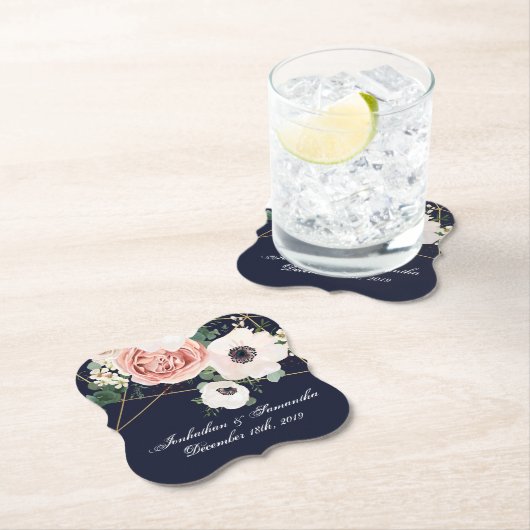 Drink Coasters Geometric Garden Roos Navy Blue Kartonnen Onderzetters (Insitu)