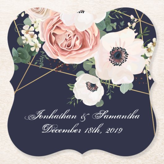 Drink Coasters Geometric Garden Roos Navy Blue Kartonnen Onderzetters (Voorkant)