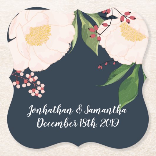 Drink Coasters Witte Bloemen op Donkerblauw Kartonnen Onderzetters (Voorkant)