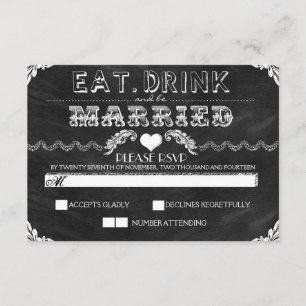 drink eten en trouwen krijtbord bruiloft RSVP Kaartje