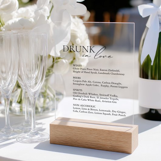 Drink in liefde bruiloft bar menu acryl teken bord