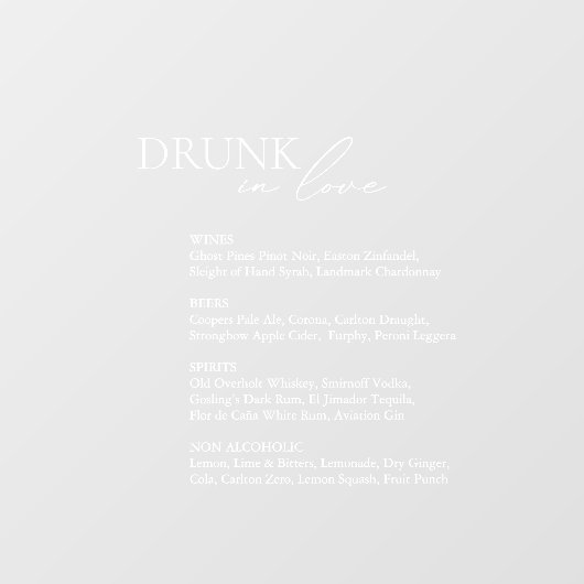 Drink in Liefde Bruiloft Bar Menu Spiegel Decal Si (Vel)