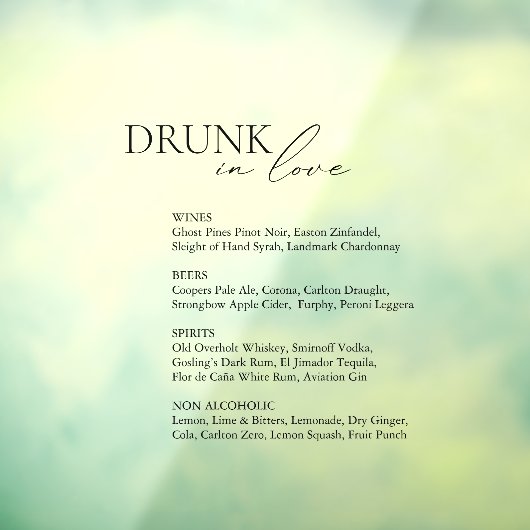 Drink in Liefde Bruiloft Bar Menu Spiegel Decal Si (Vel 3)