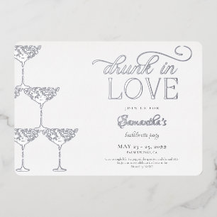 Drink in Liefde Champagne Tower Bachelorette Zilve Folie Uitnodiging