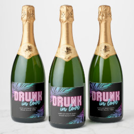 Drink in Liefde Neon Blauw & Roze Tropische Bach Sparkling Wijnetiket