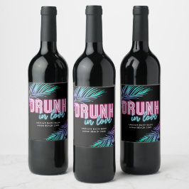 Drink in Liefde Neon Blauw & Roze Tropische Bach Wijn Etiket