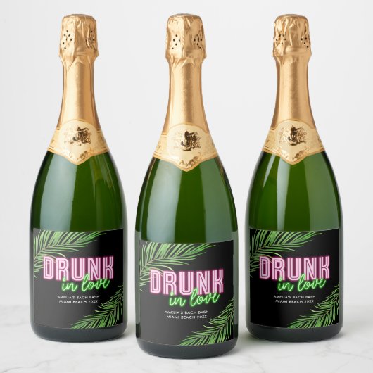 Drink in Liefde Neon Groen & Roze Tropische Bach Sparkling Wijnetiket (Flessen)