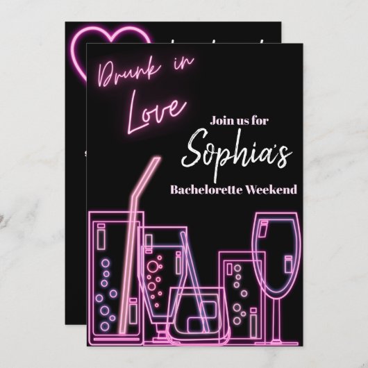 Drink in Love Neon Bachelorette Invitation Kaart (Voorkant / Achterkant)