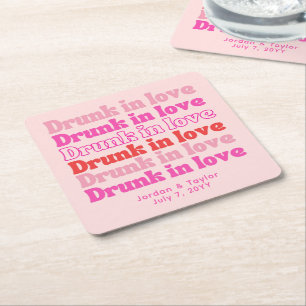 Drink in Love Personalized Retro Pink Wedding Kartonnen Onderzetters