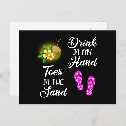 Drink in mijn hand, tenen in het zand briefkaart (Voorkant / Achterkant)