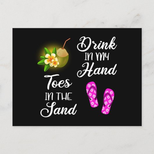 Drink in mijn hand, tenen in het zand briefkaart (Voorkant)
