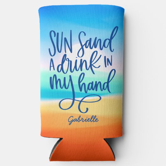 Drink in mijn hand typografie met strand achtergro seltzer blikjeskoeler (Voorkant)
