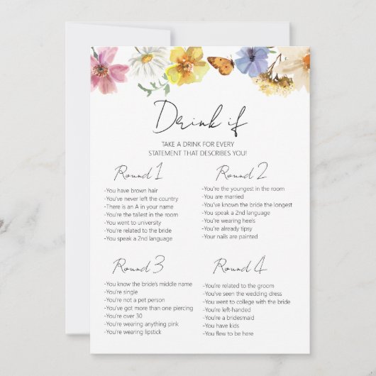 Drink indien | Wildflower Boho Bachelorette Game K Kaart (Voorkant)