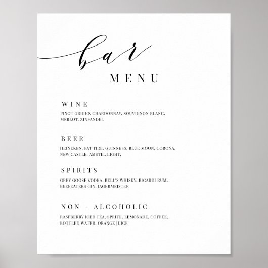 Drink lijst Bar Menu Receptie Gebeurtenistabel Tek Poster (Voorkant)