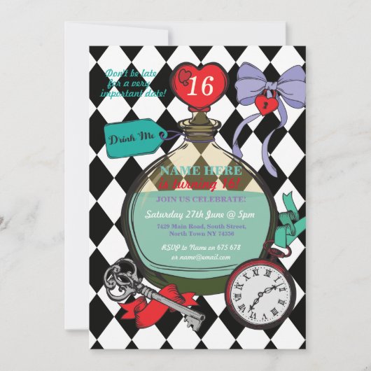 Drink me Alice in Wonderland Birthday Party Invite Kaart (Voorkant)