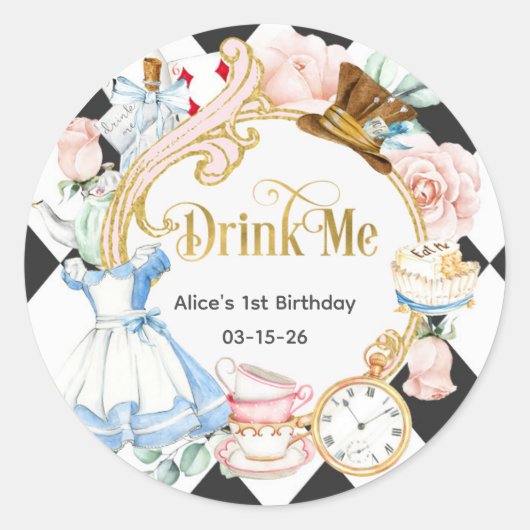 Drink me, Alice Onderland, jarig Ronde Sticker (Voorkant)