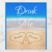 Drink me Beach Wedding Hearts in Zand Wijn Etiket (Enkel label)