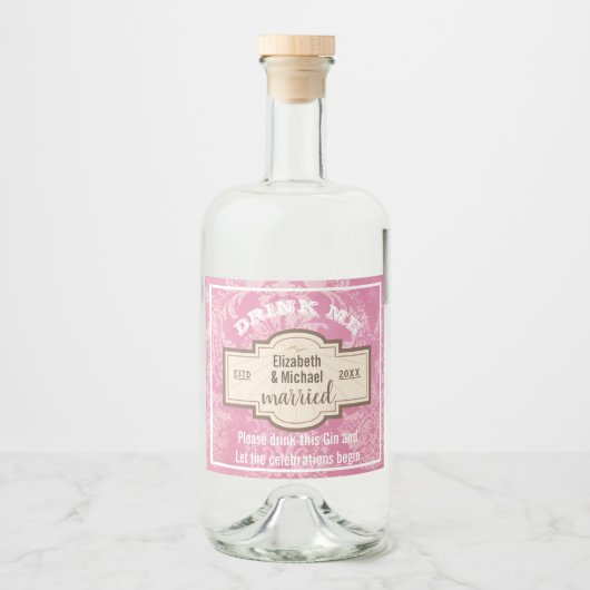 DRINK ME Roze Gin Bruilofts Viering Fles Cadeau Likeurfles Etiket (Voorkant)
