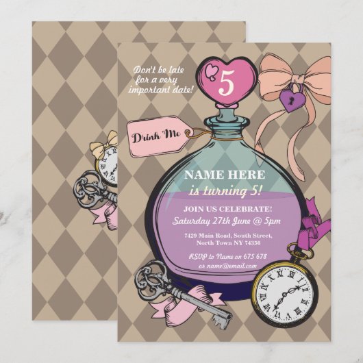 Drink me Uitnodiging Alice in Wonderland Dag (Voorkant / Achterkant)