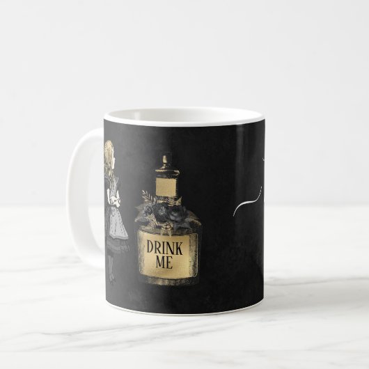 Drink me zwarte en gouden Alice in Wonderland Koffiemok (Voorkant links)