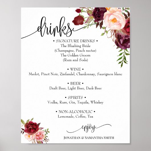 Drink menu teken bruiloft marsala floral boho chic poster (Voorkant)