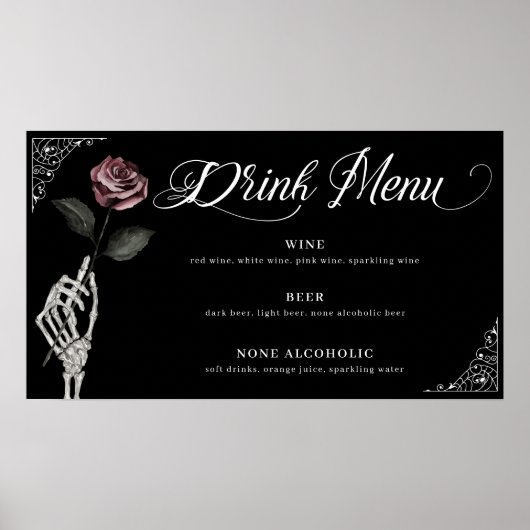 Drink Menu Waterverf Skelet Roos Gotische bruiloft Poster (Voorkant)