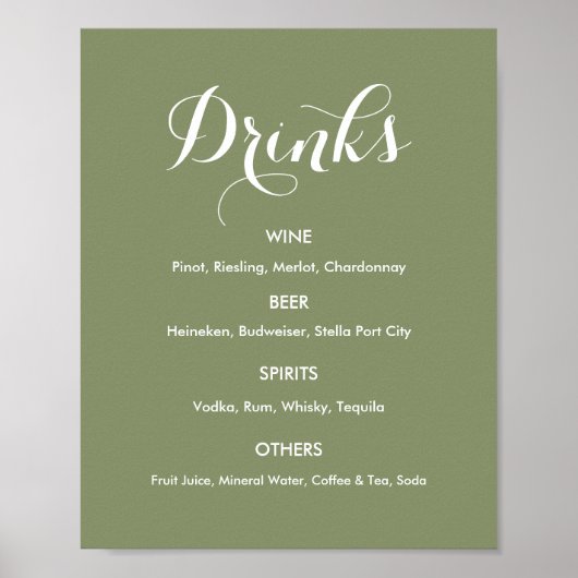 Drink Menu Wedding Sage Green Poster (Voorkant)