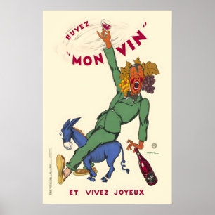Drink Mijn Wijn en Leef Vrolijk Vintage Poster