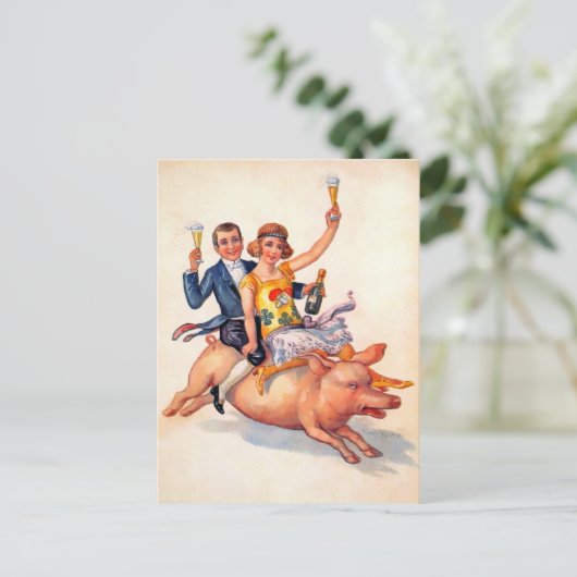  Drink Paar Riding Pig Briefkaart (Staand voorkant)