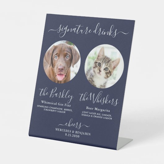 Drink Pet Dog Wedding Photo Navy Blue Reclamebord Met Voetstuk (Voorkant)