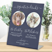 Drink Pet Dog Wedding Photo Navy Blue Reclamebord Met Voetstuk
