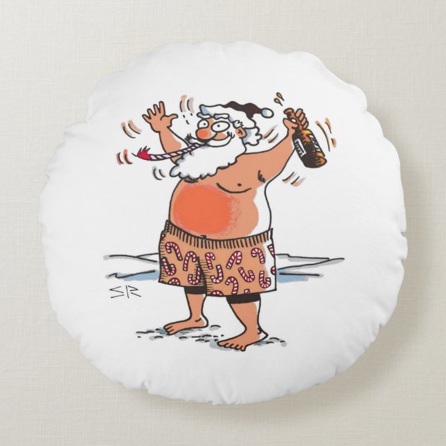 Drink Santa ronde rode poly kussen (Voorkant)