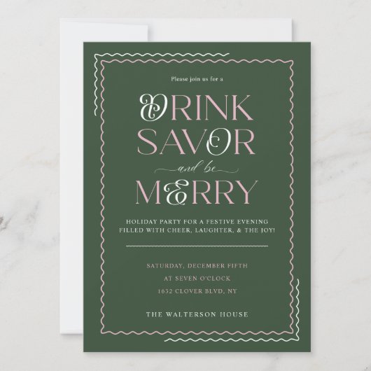Drink Savor en Be Merry Retro Wavy Holiday Party Kaart (Voorkant)