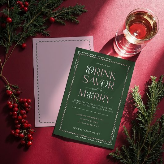 Drink Savor en Be Merry Retro Wavy Holiday Party Kaart