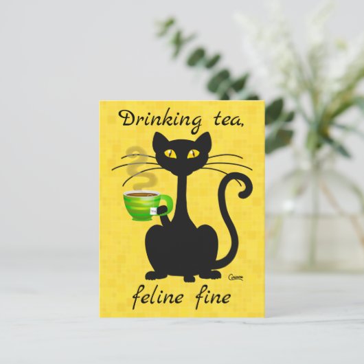 Drink Tea Feline Fine - Briefkaart (Staand voorkant)