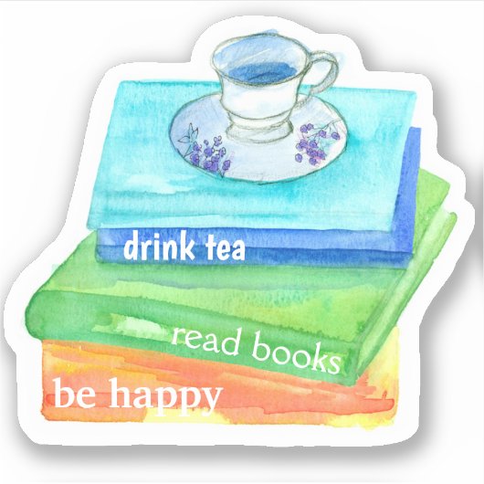 Drink Tea Lees boeken Wees blij Vinyl Sticker (Voorkant)