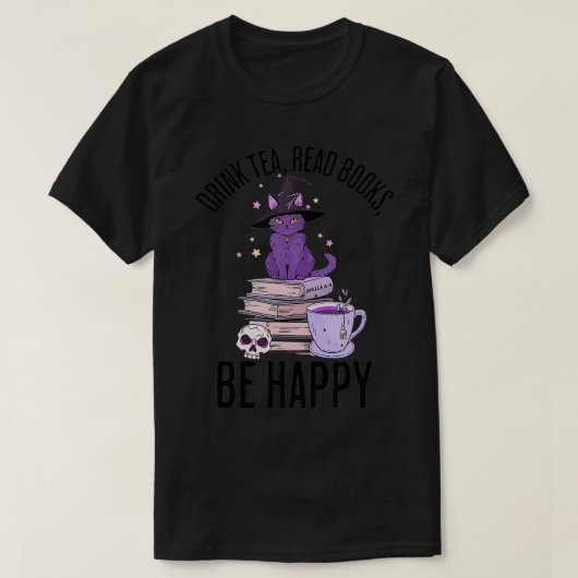 Drink Tea Lees boeken Wees blij Whimsigoth Hallowe T-shirt (Design voorkant)