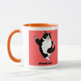 "Drink Tee" Tuxedo Cat Illustration Mok
