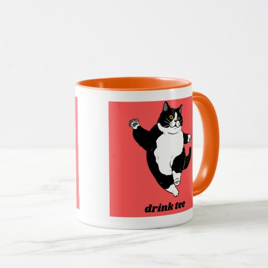 "Drink Tee" Tuxedo Cat Illustration Mok (Voorkant rechts)