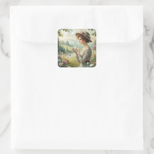 Drink thee in de tuin vierkante sticker (Tas)