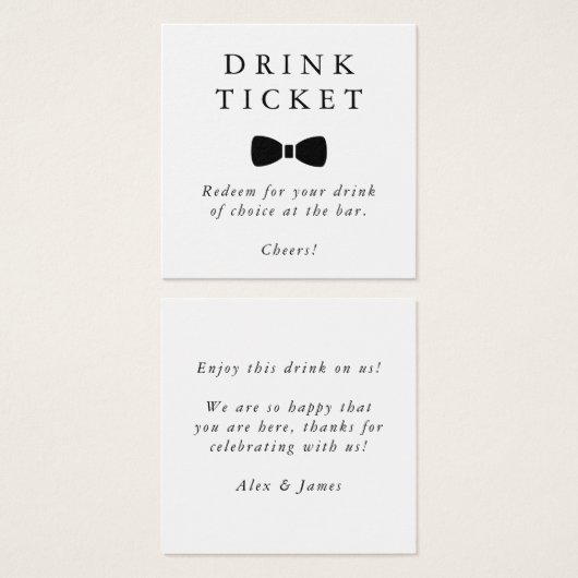 Drink Ticket Bow Stropdas Wedding Bar Token Vierkante Visitekaartjes (Voorkant /achterkant)
