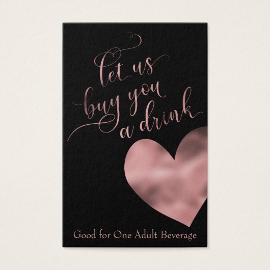 Drink Tickets, elegant Roos Gold Script & hart Visitekaartje (Voorkant)