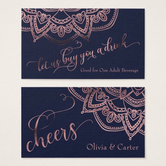 Drink Tickets, Roos Gold Mandala op Navy Blue Visitekaartjes (Voorkant /achterkant)