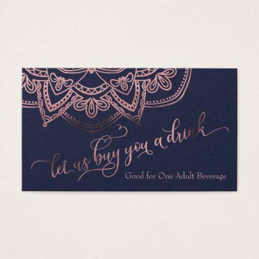Drink Tickets, Roos Gold Mandala op Navy Blue Visitekaartjes (Voorkant)