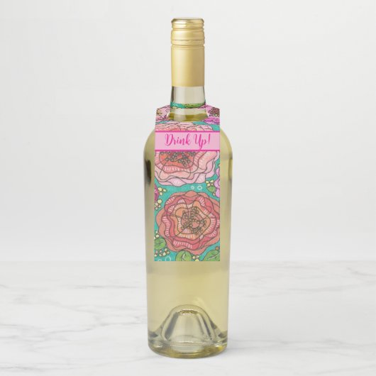 "Drink Up!" Floral Wine Gift Tag Flessenhanger (Op fles)