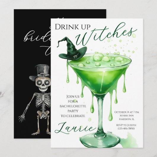 "Drink up heksen" vrijgezellenfeest uitnodiging (Voorkant / Achterkant)