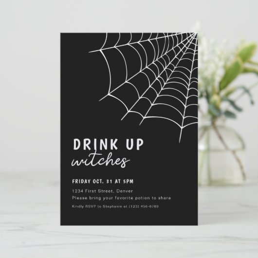 Drink Up Heksen Zwarte Halloween-feestuitnodiging Kaart (Staand voorkant)
