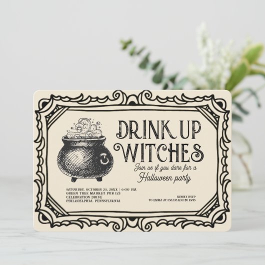  Drink Up Witches Halloween Party Kaart (Staand voorkant)
