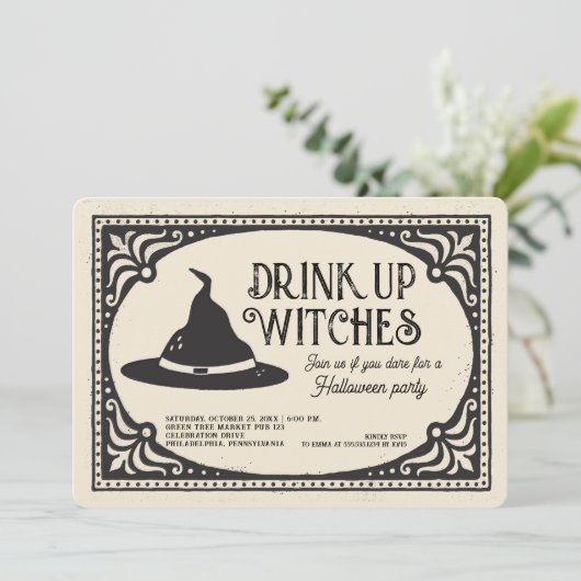  Drink Up Witches Halloween Party Kaart (Staand voorkant)