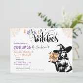 Drink Up Witches Kostuums Cocktail Halloween Party Kaart (Staand voorkant)